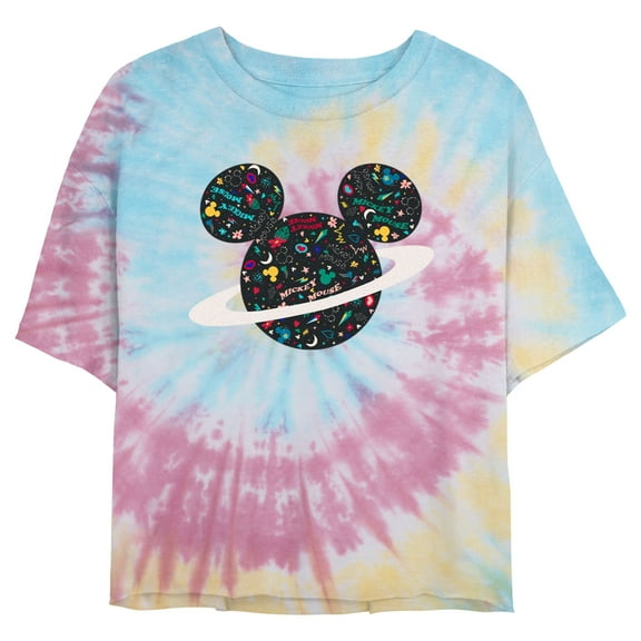 Juniors' Mickey & Friends Saturn Mousey Graphic Cropped T-Shirt Blue/Pink/Light Yellow X Large