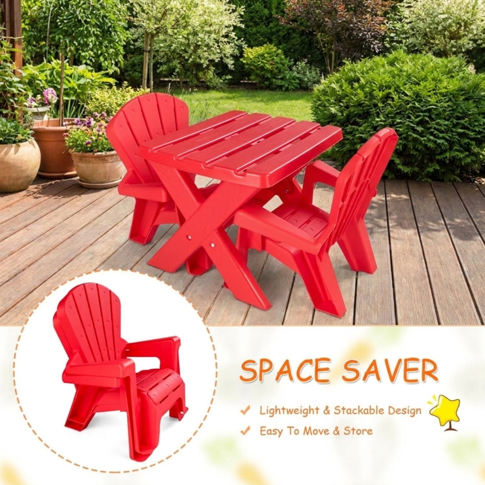 Furnibear 3-Piece Plastic Kids Table and Chair Set with Durable PP Build for Playroom and Outdoor Childrens Activity Table with 2 Chairs, Red