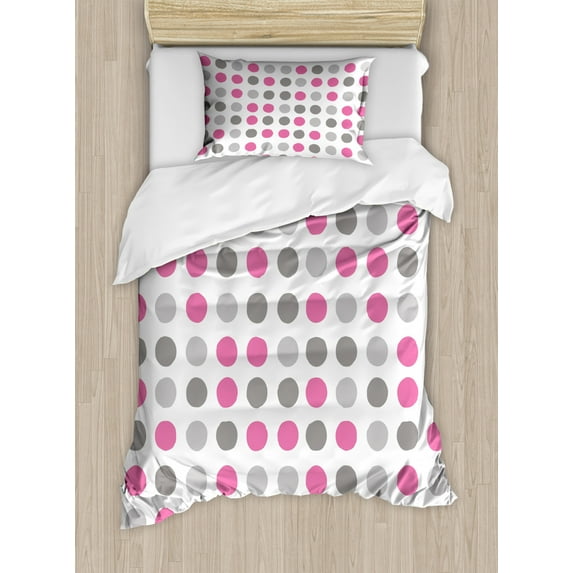 Geometric Duvet Cover Set Twin Size, Traditional Retro Polka Dots Design European Ancestral Motif Pastel Colors, Decorative 2 Piece Bedding Set with 1 Pillow Sham, Pink White Grey, by Ambesonne