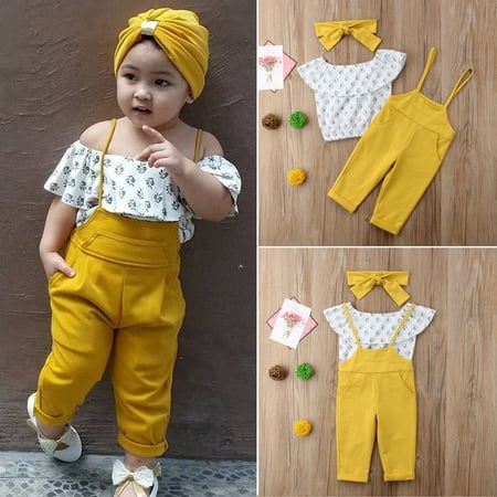 3PCS Toddler Baby Girls Kids Summer T-Shirt Tops Braces Pants Outfit Set Clothes