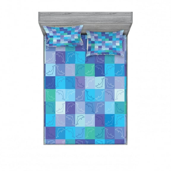 Ambesonne Nautical Fitted Sheet & Pillow Sham Set, Collage of Dolphins, Queen, Multicolor