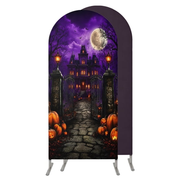 Halloween Wedding Arch Cover,Stretchy Spandex Arch Backdrop Stand Covers 4 FT,Spooky Pumpkins Ghost Castle Vintage Moonlight Round Top Arched Backdrop Cover for Birthday Party Ceremony Baby Shower