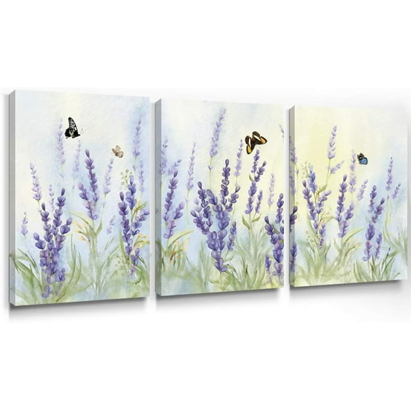 Purple Wall Art Flower Modern Lavender Canvas Prints Butterfly Floral Picture Spring Landscape Botanical Framed Artwork for Bedroom Living Room Bathroom Kitchen Home Decor 12×16 Inch, 3 Panels