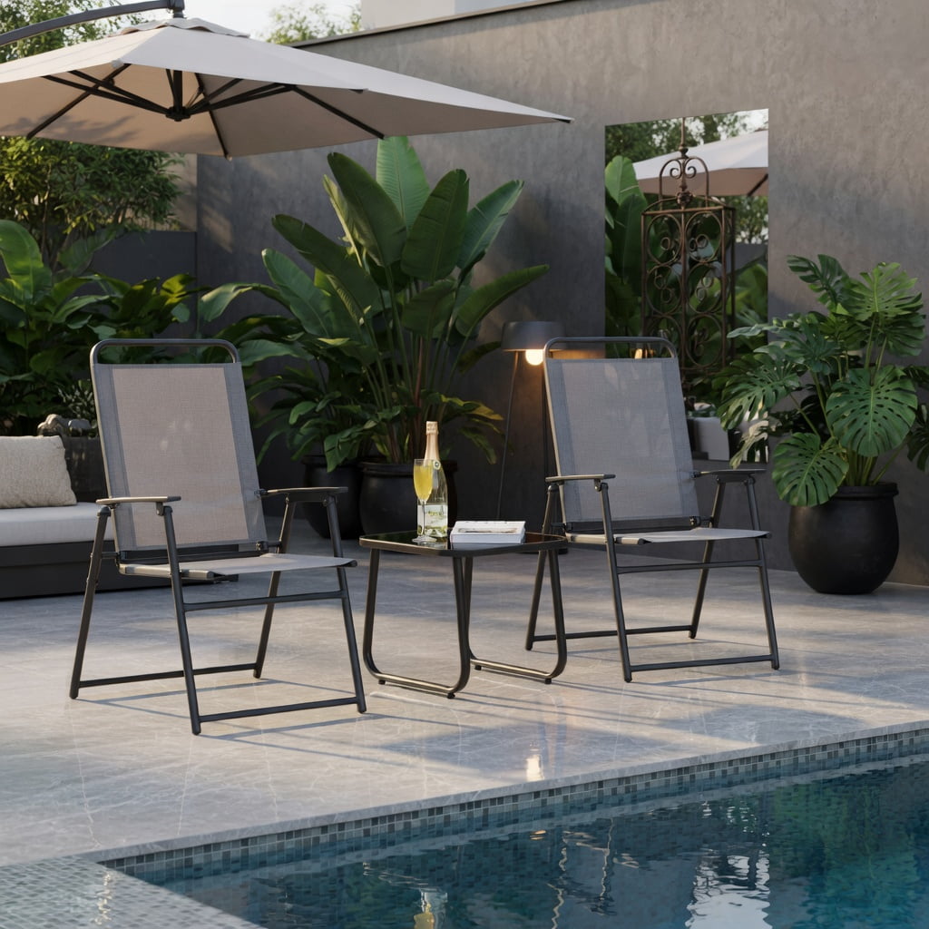 Hommoo 2-Pack Foldable Outdoor Sling Chairs with Armrests & Heavy-Duty Steel Frame, Easy-Store Patio Seating, Gray