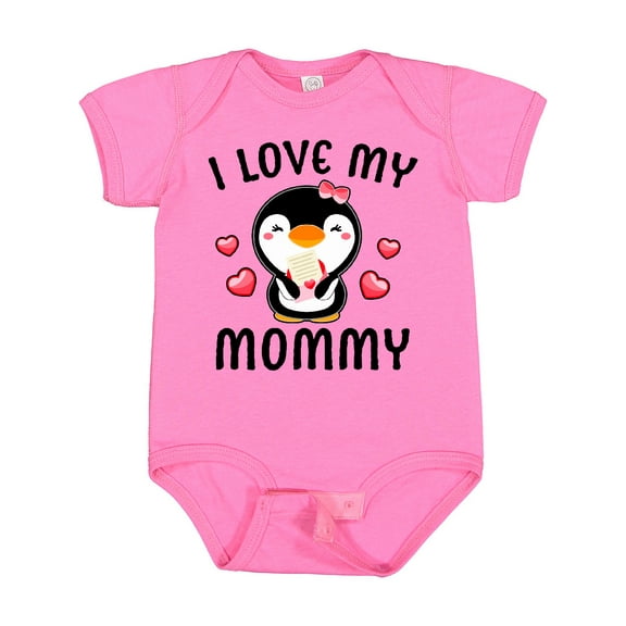 Inktastic I Love My Mommy with Cute Penguin and Hearts Girls Baby Bodysuit