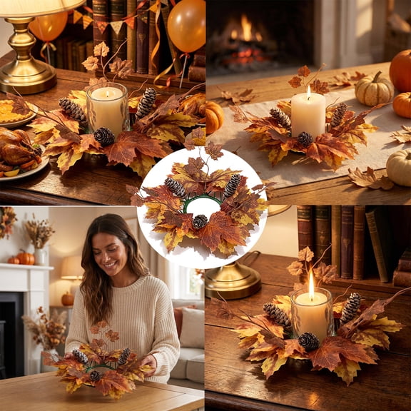 Sunflower Maple Leaf Large Fall Candle Ring Wreath, Non Deform Long Lasting Decorative Ring, Oversized Candle Surround for Autumn Party Table Mantel Seasonal Display Layout
