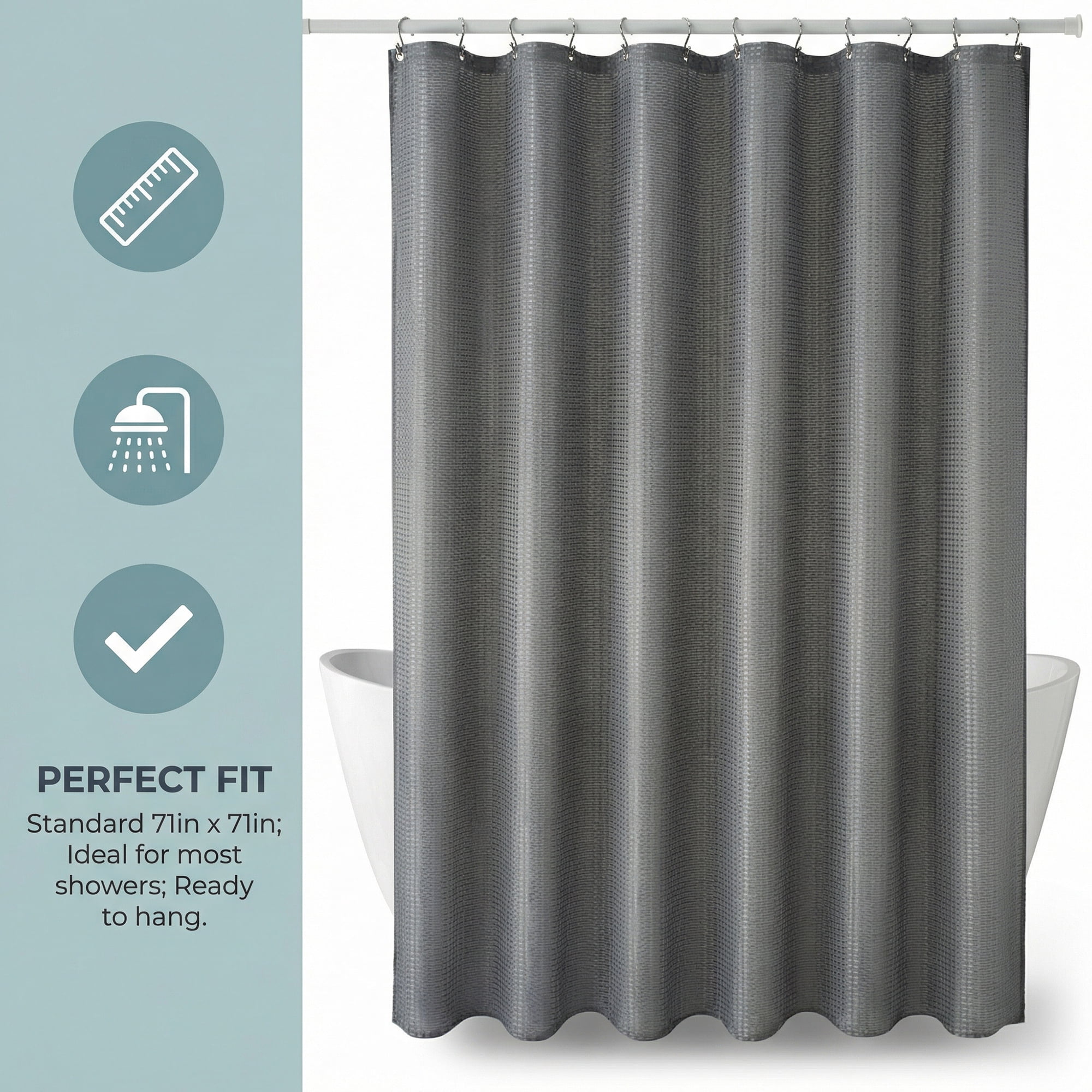 Unique Bargains Waffle Weave Shower Curtain Sets with 12 Hooks Grey 71"W x 71"L