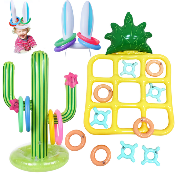 Pool Floats Games Set,Inflatable Tic-Tac-Toe,Inflatable Cactus and Bunny Ear Ring Toss Game Set, Family Pool