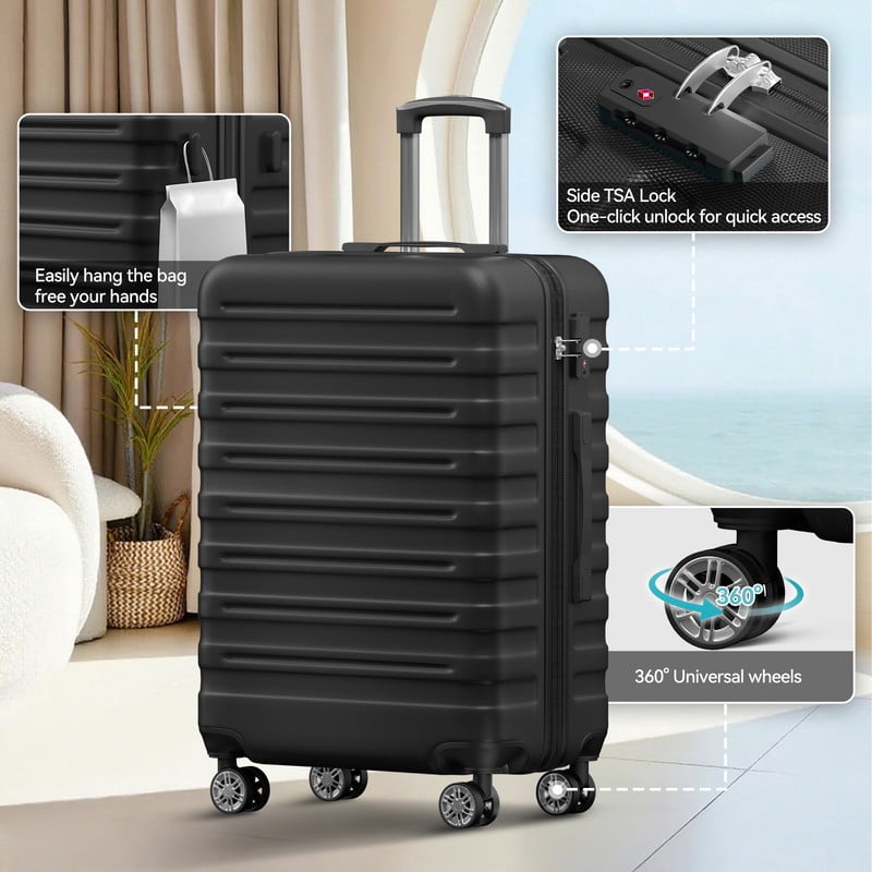 Luggage Sets 3 Piece Hardside with Spinner Wheels 60%PC ABS Suitcase with TSA Lock 20 24 28 inch Carry on Luggage Black