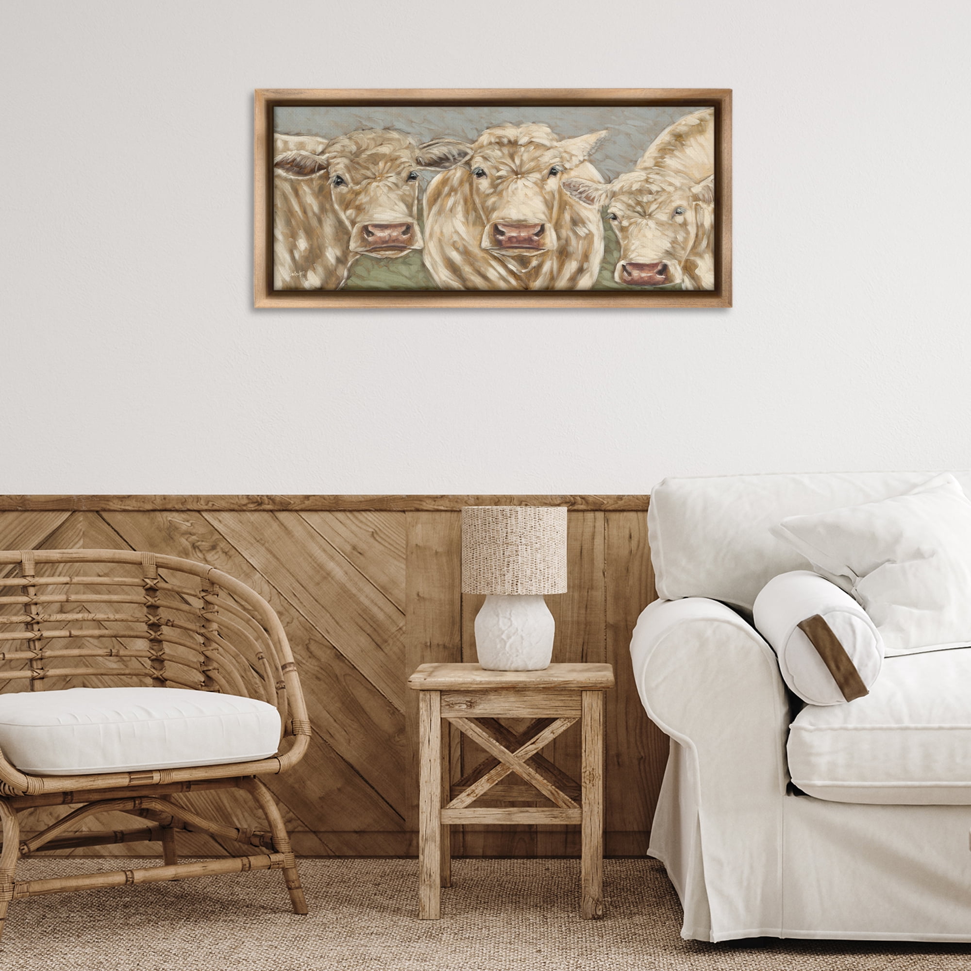 Stupell Industries Beige Cow Trio Animals & Insects Painting Brown Floater Framed Canvas Art Print Wall Art, 31 x 14