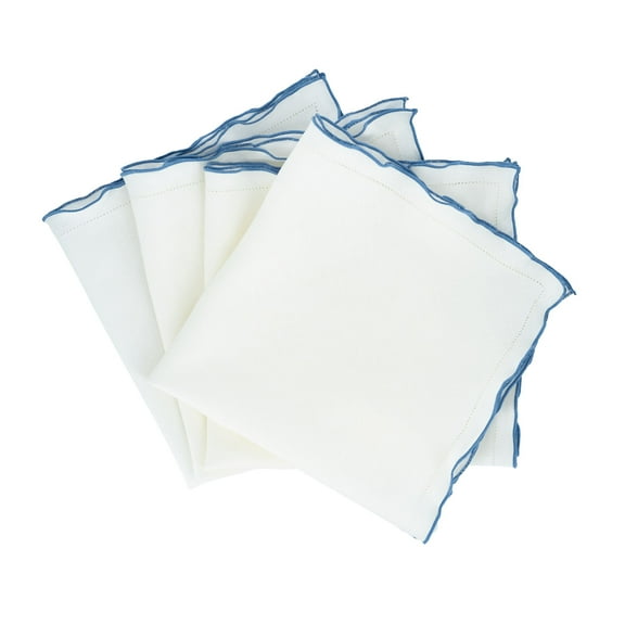 Linen Napkins With Blue Scalloped Hemstitch Edges, Set of 4