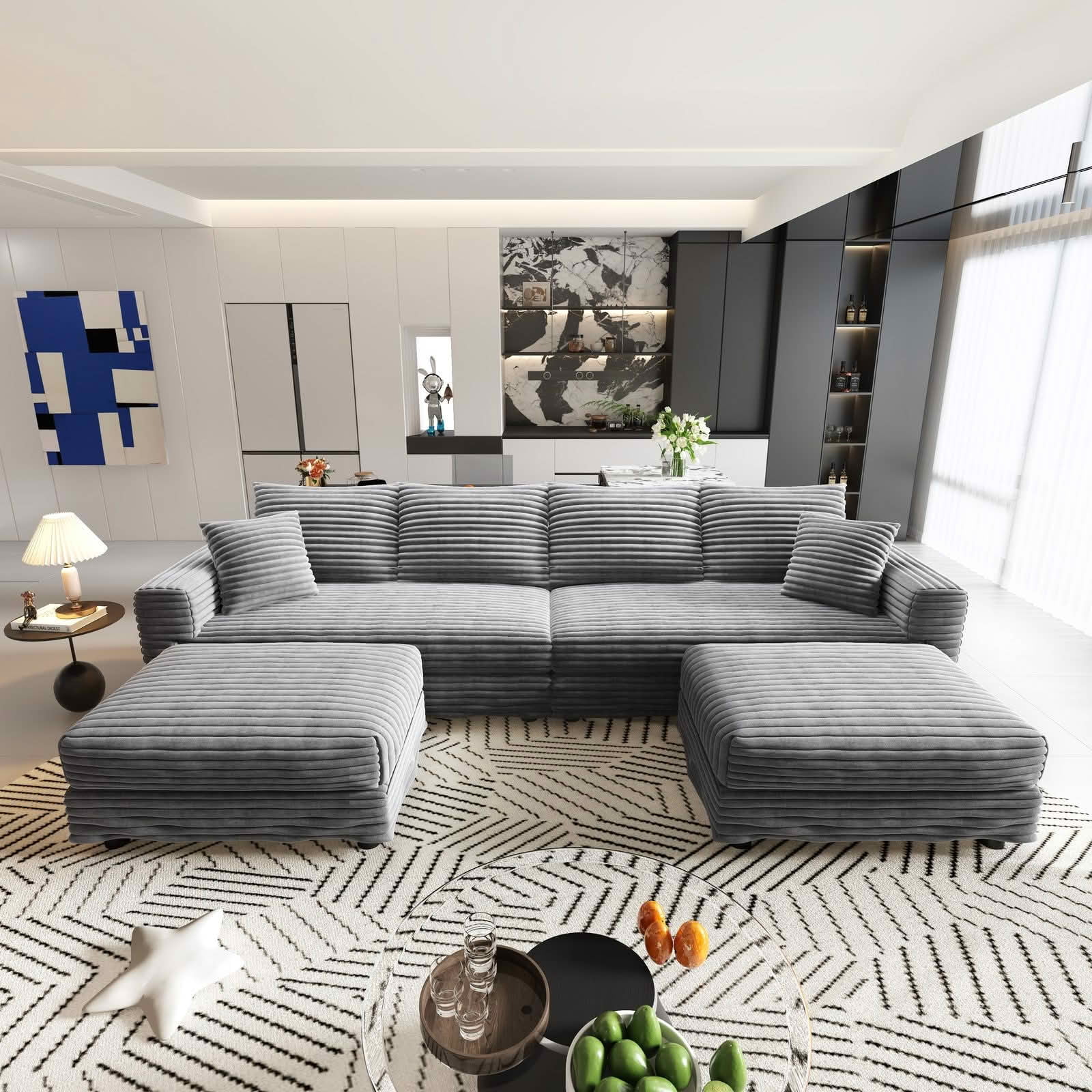 MAYEERTY 102.4" Plush Corduroy 4‑Seat Cloud Sofa, Modern Comfy Upholstered Deep Seat Couch with Soft Pillows & 2 Movable Ottomans, Convertible Sofa Lounge Chair for Living Room