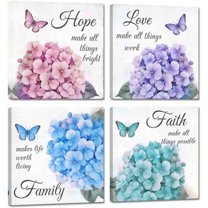 Aingg 4 Piece Hydrangea Canvas Wall Art Hydrangea Butterfly Picture Printsspirational Quotes Paintings Faith Love Hope Family Quotes Poster Bedroom Decor