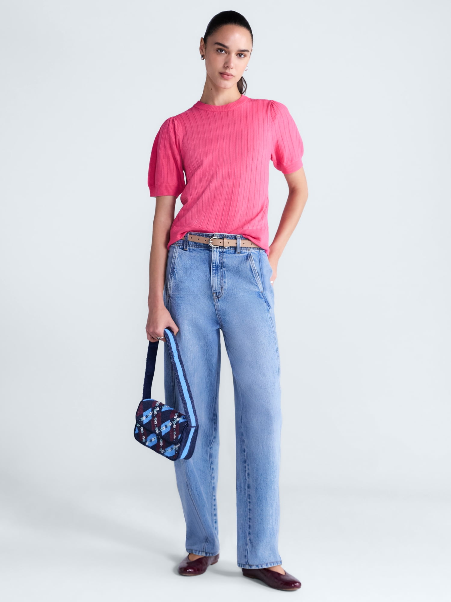 Free Assembly Women’s and Women's Plus Pointelle Sweater with Puff Sleeves, Sizes XS-4X