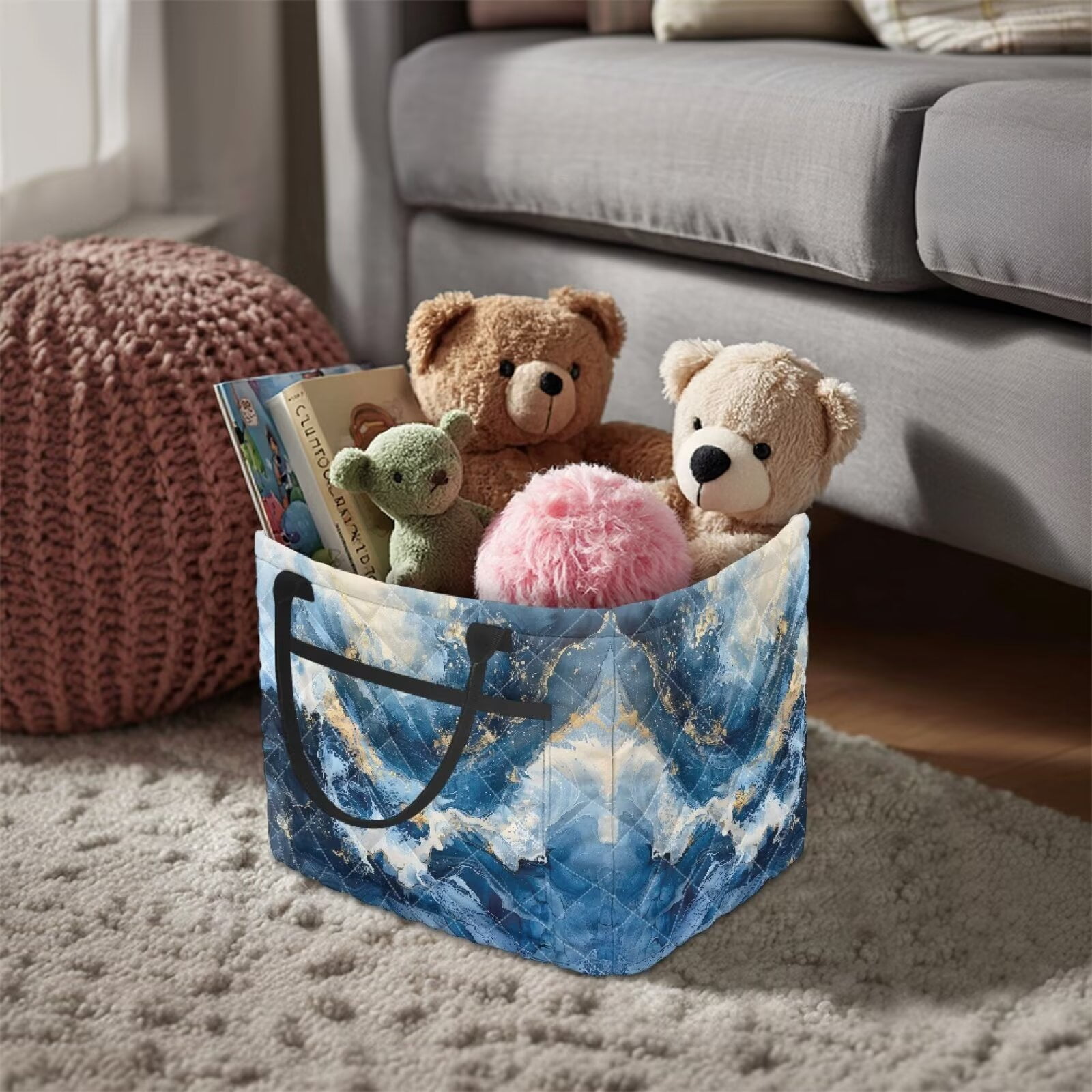 Yuyamidu Blue Marble Print Quilted Laundry Basket for Bedroom with Easy Carry Handles Collapsible Laundry Hamper Storage Basket Fabric Car Storage Basket for Women Gift
