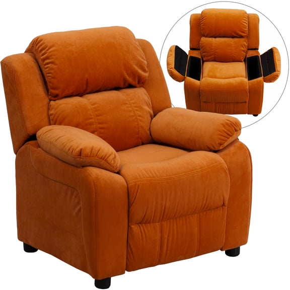 Flash Furniture Deluxe Padded Contemporary Orange Microfiber Kids Recliner with Storage Arms