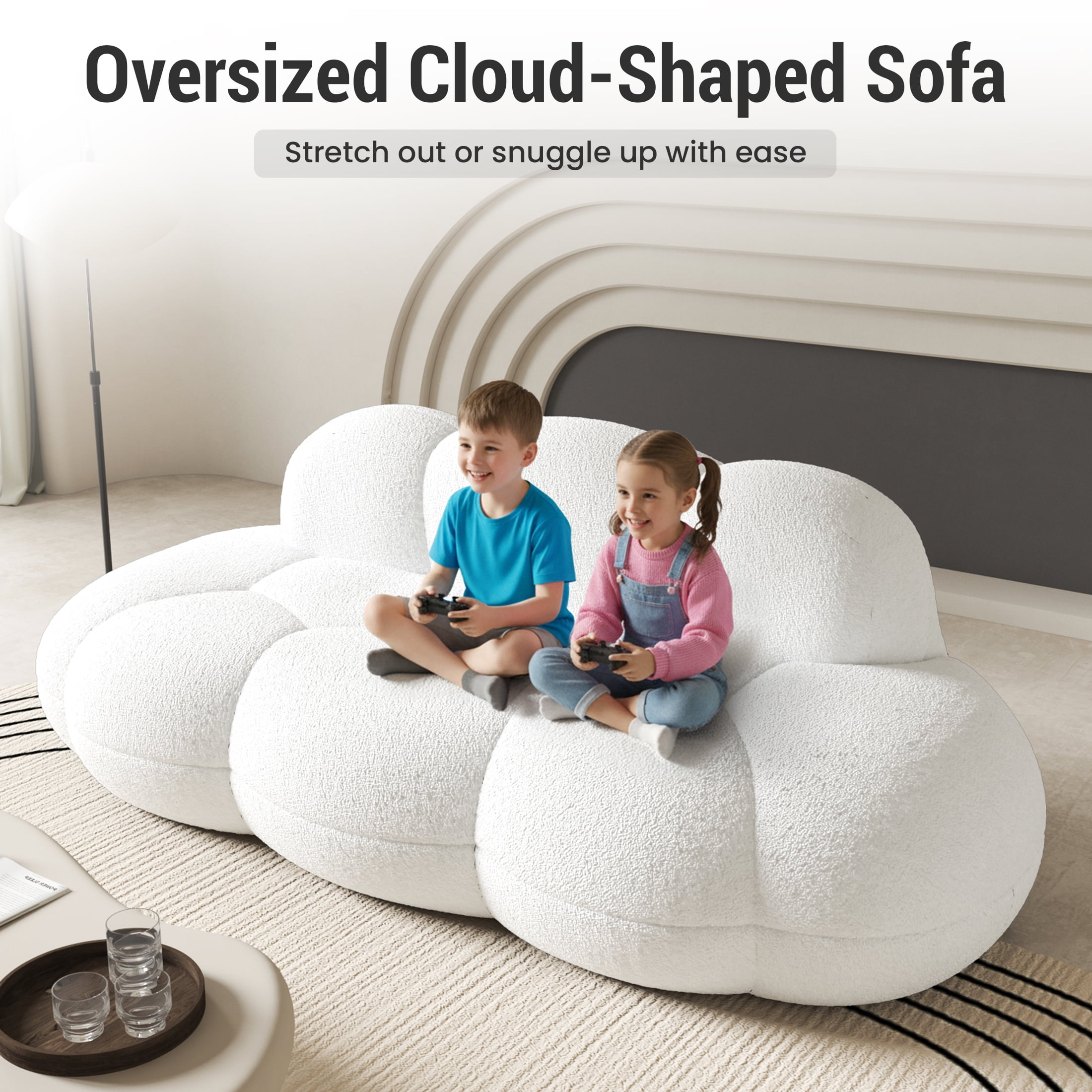 90" Modern Curved Cloud Shaped Couch for Living Room, Boucle LoveSeat 3 Seater Sofa, Upholstered Cloud Couch for Bedroom, Apartment, Small Space (White, No Assembly Required)