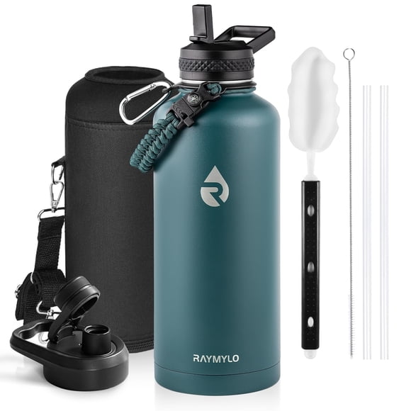 RAYMYLO Insulated Water Bottle 87 oz, Triple Wall Vacuum Stainless Steel (Cold for 48 Hrs), Leak Proof & Non-BPA, Modern Water Flask Jug with Paracord Handle & Straw Spout Lids, Dark Green