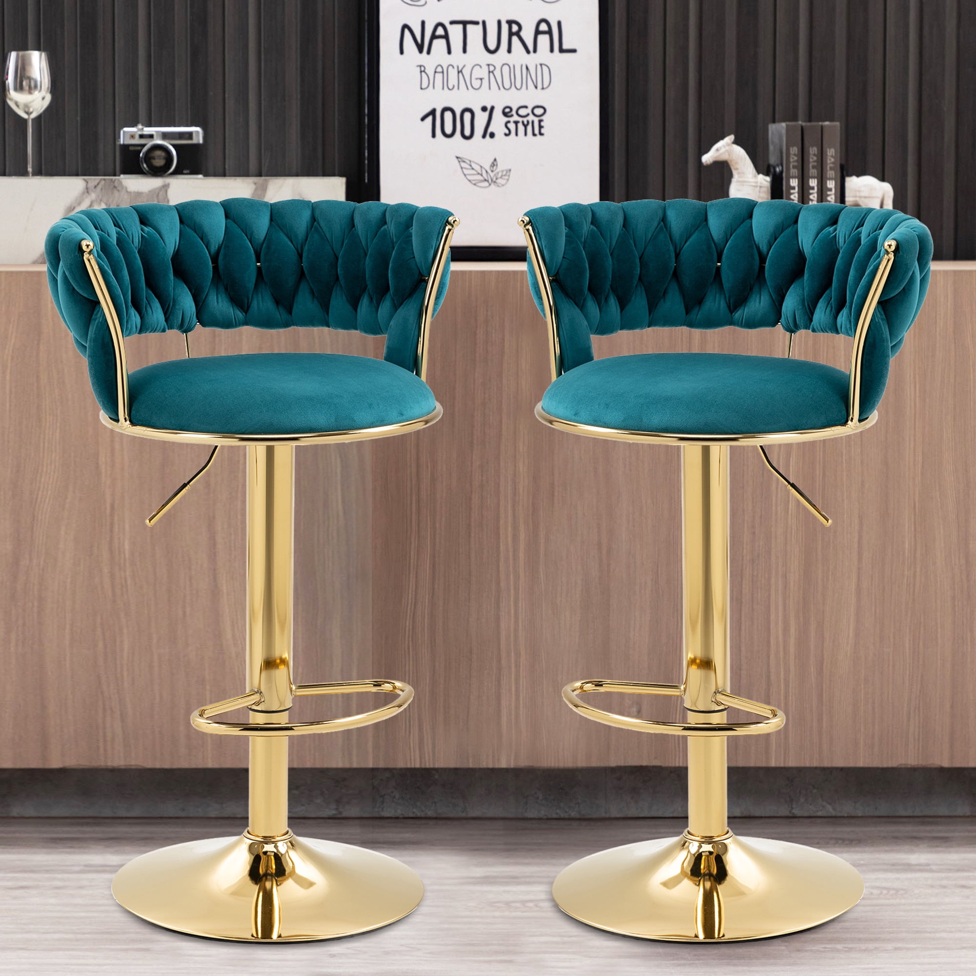 MOONMISS Velvet Swivel Bar Stools Set of 2, Adjustable Counter Height Bar Stool with Woven Back, Upholstered Kitchen Dining Chairs, Modern Barstools for Kitchen Island, Cafe, Pub, Bar Counter(Teal)
