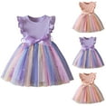 thumbnail image 5 of Odeerbi Kids Girls Sequin Sparkly Rainbow Tulle Dress Summer Ruffle Sleeve Rib Knit Princess Dress Sleeveless Round Neck Mesh Bow Dress Kids Girls Clothes, 5 of 5