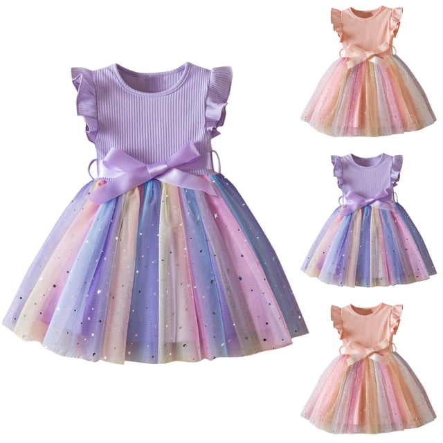 LOVZFMLL Girls' Summer Sleeveless Ruffled Lace Round-Neck Embroidery Mesh Princess Bow Skirt