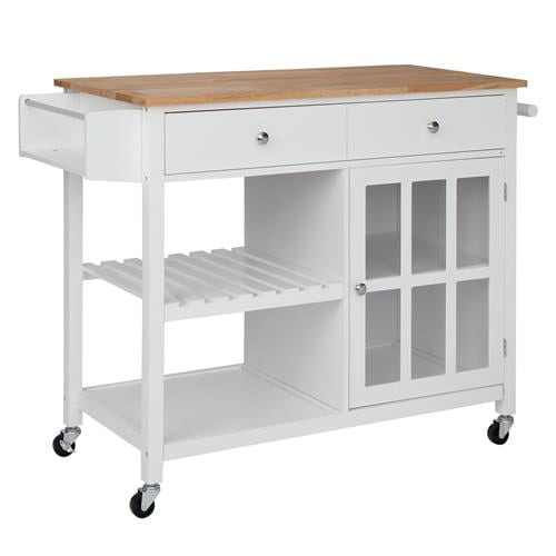 VINGLI Rolling Kitchen Island Cart Portable White Coffee Cart with a Glass Door 2 Drawers Buffet Cabinet Serving Bar Trolley Microwave Stand Kitchen ...