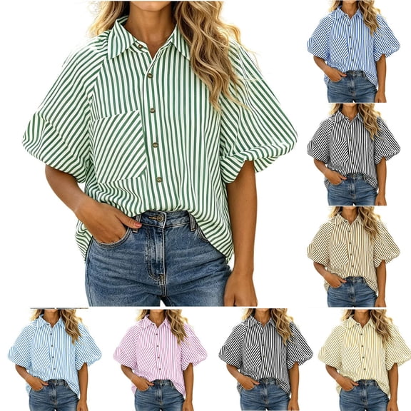 Aboser Womens Button Down Striped Shirts Trendy Puff Short Sleeve Tops Teacher Outfit for Women Loose Fitted Beach Vacation T Shirt Dressy Casual Blouses
