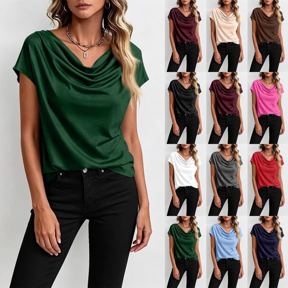 Fashion Cowl Neck Tops for Women Dressy Casual Short Sleeve Shirts Summer Clothes Outfits Complexion 2XL