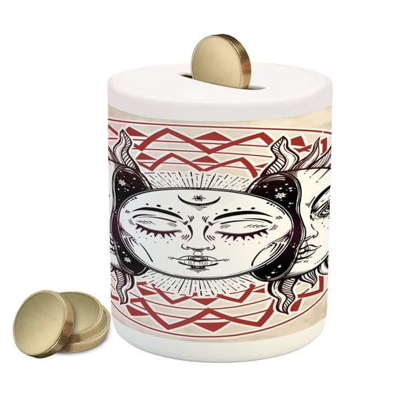 Moon Piggy Bank, Oriental Elements with Abstract Style Heavenly Bodies Tattoo Style, Ceramic Coin Bank Money Box for Cash Saving, 3.6" X 3.2", Tan Black Ruby, by Ambesonne