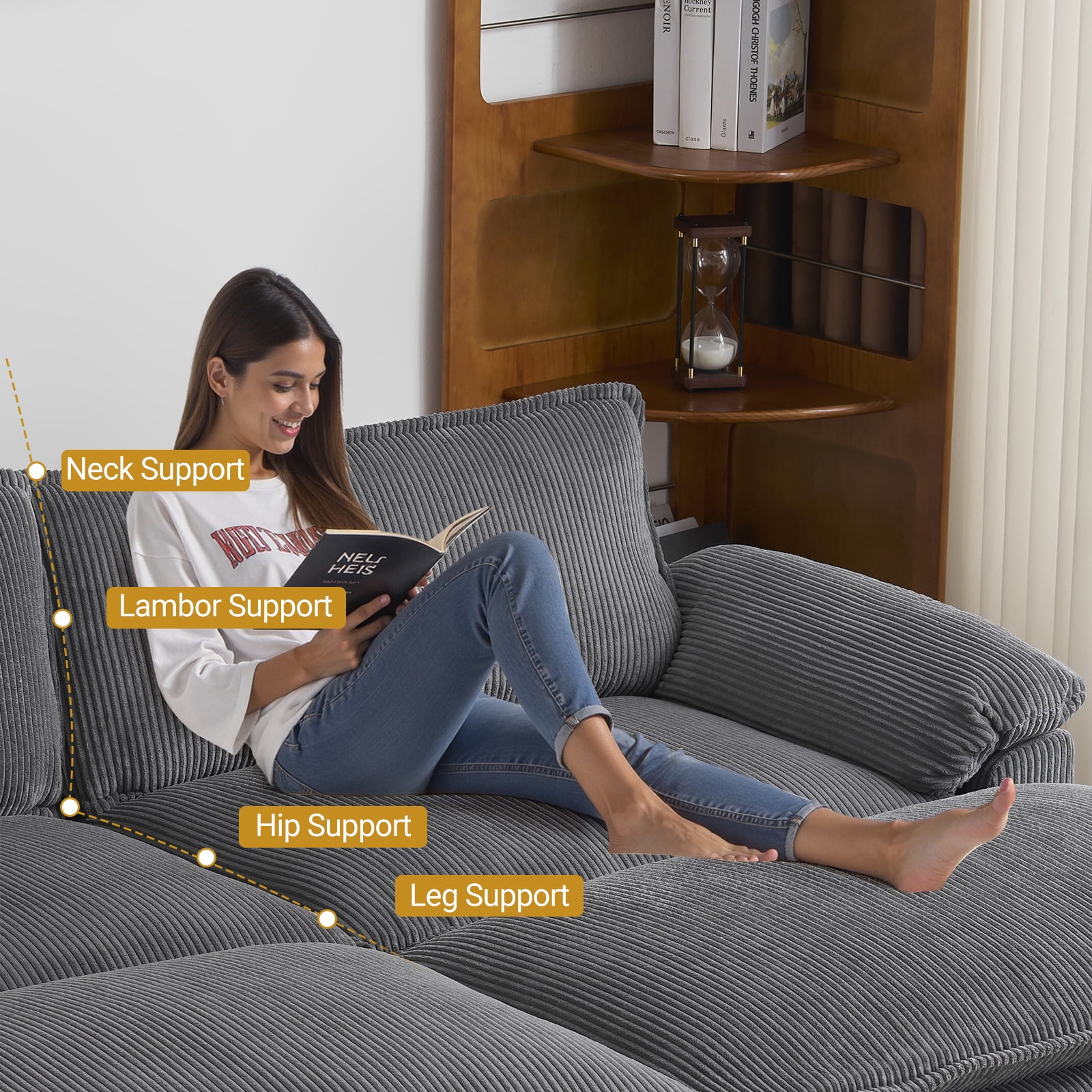 Zimtown 90“ Sofa Bed Couch with Pillow Arms and Double Layer Cushions, Corduroy Loveseat Sofa with Removable Ottoman for Living Room, Gray