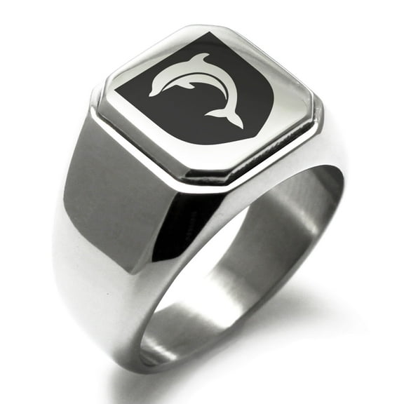 Stainless Steel Dolphin Diligence Coat of Arms Shield Engraved Square Flat Top Biker Style Polished Signet Ring