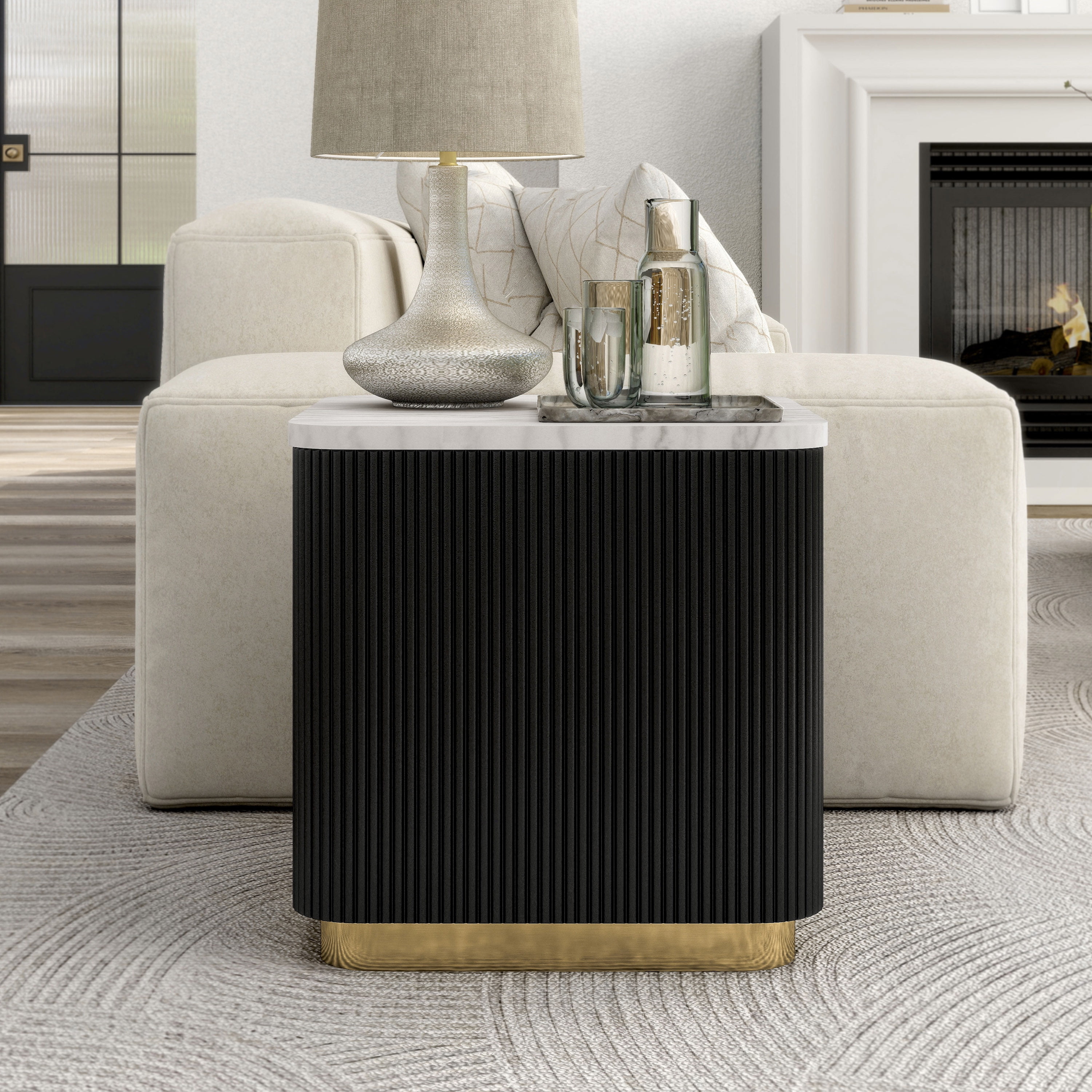 Furniture of America Jaine Modern Marble Top Square End Table, Black and White