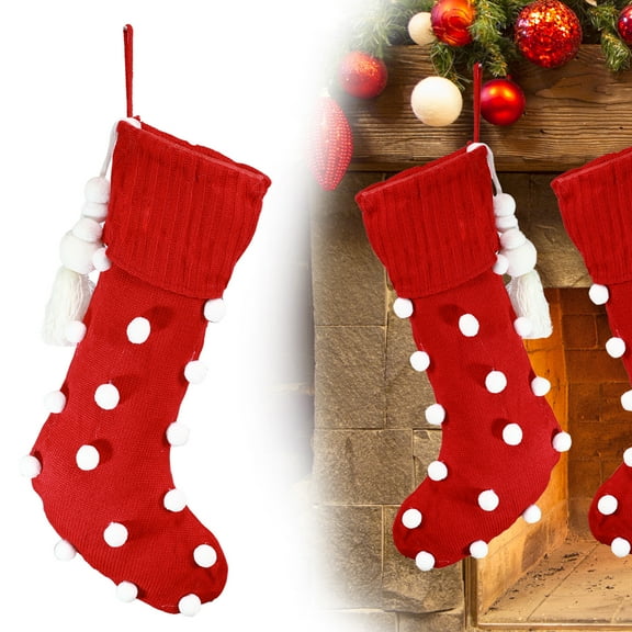 GOBWCOT Red Polka Dot Christmas Stockings Christmas Decorative Stockings Knitted Christmas Stockings with White Balls Suitable for Christmas Party Decorations (1 Piece)