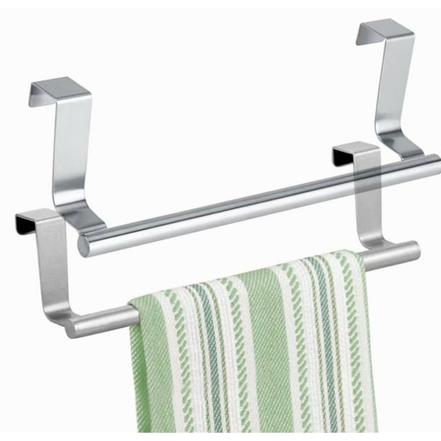 Decorative Metal Kitchen Over Cabinet Towel Bar - Hang on Inside or Outside of Doors, Storage and Display Rack for Hand, Dish, and Tea Towels - Silver 14"*2.8"-2 packs
