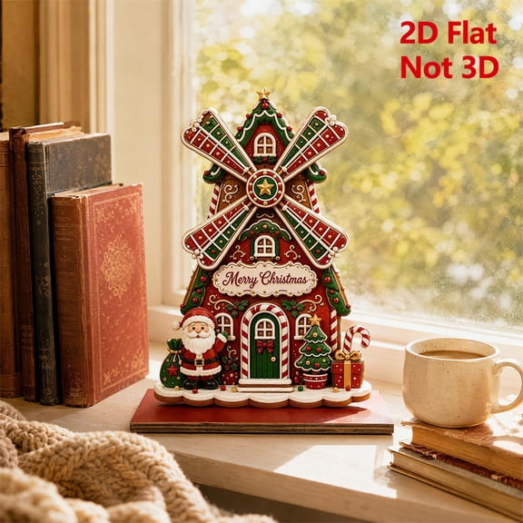 Christmas Wooden Windmill House,2D Gingerbread Style Christmas Tabletop Ornament for Mantel Shelf,Holiday Home Decor for Office Party Gift,5.9 Inch