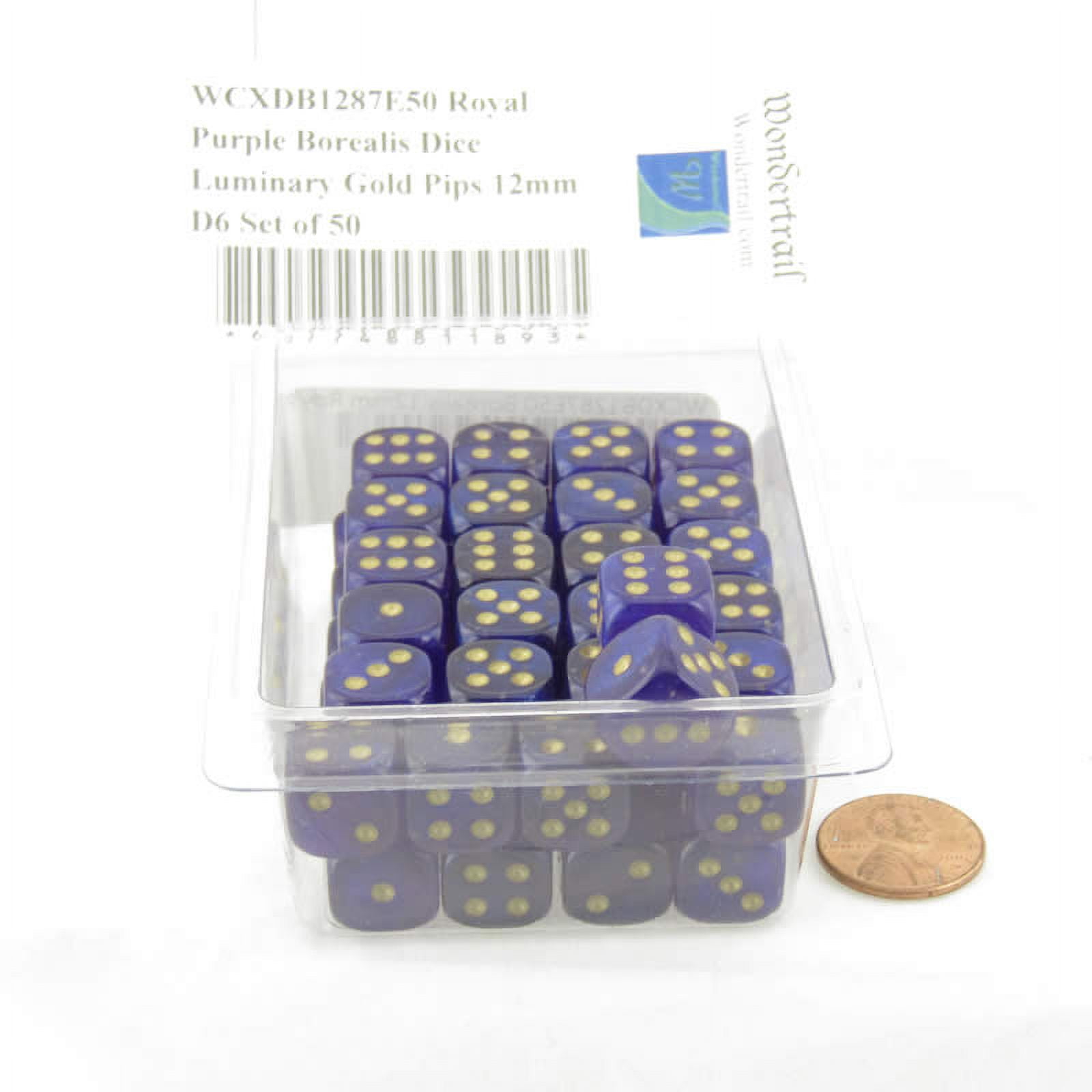 Royal Purple Borealis Dice Luminary with Gold Pips 12mm (1/2 inch) D6 Set of 50 Wondertrail