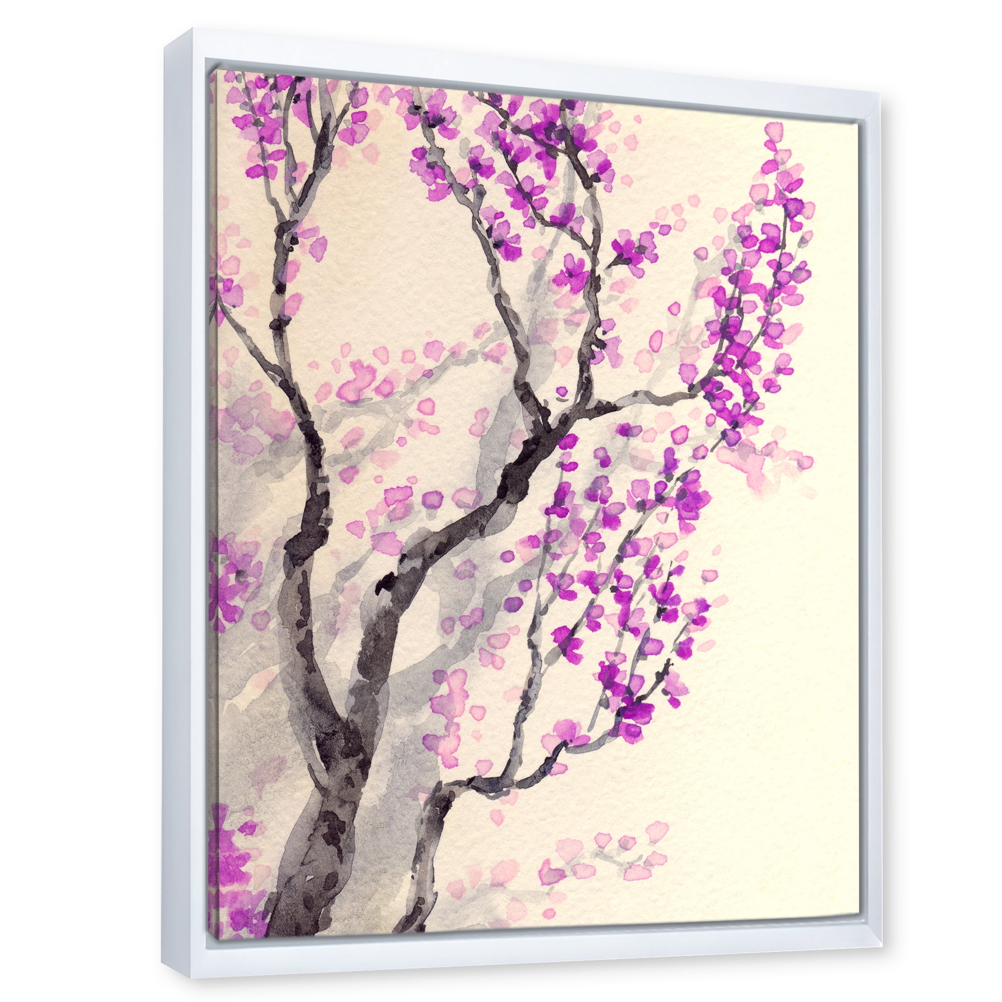 Designart 'Abstract Spring Purple Flowers On Tree Branches' Traditional Framed Canvas Wall Art Print