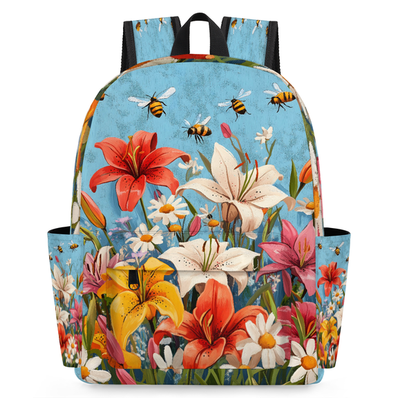 Jiaoprinted Watercolor Lily Backpack, Lightweight 15 Inch Laptop Backpack for Men Women, Casual Daypack for Travel Work, Summer Floral Bee