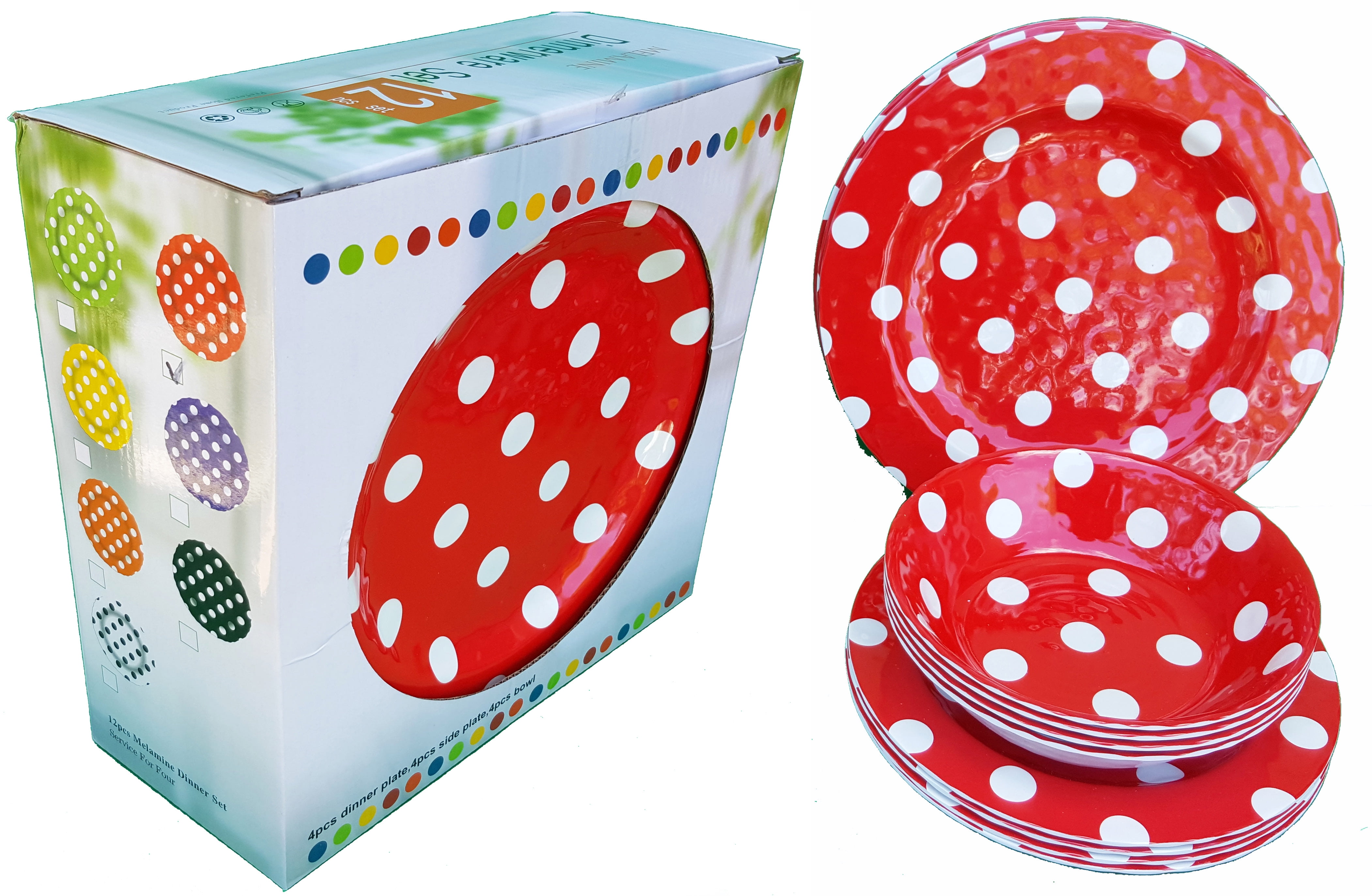 ITALIA 12pcs 11" Melamine dinner set Red Polka Dot 4pcs bowl+4pcs dinner plate+4pcs salad plate