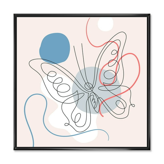 Designart 'One Line Butterfly Drawing On Cubism Shapes III' Modern Framed Canvas Wall Art Print