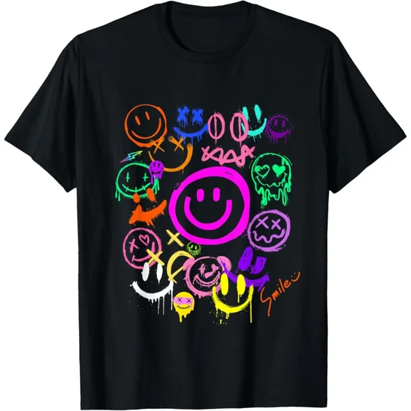 Smile Face Emoticons Fun Vivid Graffiti Smileys Graphic Tee Design Unisex T-Shirt, up to Size 5XL