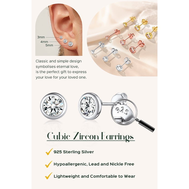 SLUYNZ Sterling Silver Round Simulated Diamond Stud Earrings For Women - 5mm/6mm/7mm CZ Earrings With Screw Back