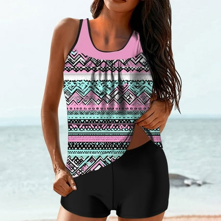 Maqroz Women s Tankini Suits 2025 Tummy Control Swimsuit Two Piece Graphic Bathing Suit Tank Top with High Waisted Boyshorts Woman Bathing Suit Bikini Swimsuits for Women On Clearance