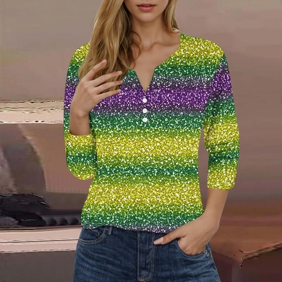 CYiJun Mardi Gras Clothing,Women's Mardi Gras Party Top,Soft 3/4 Sleeve Crewneck Blouse for New Orleans Carnival