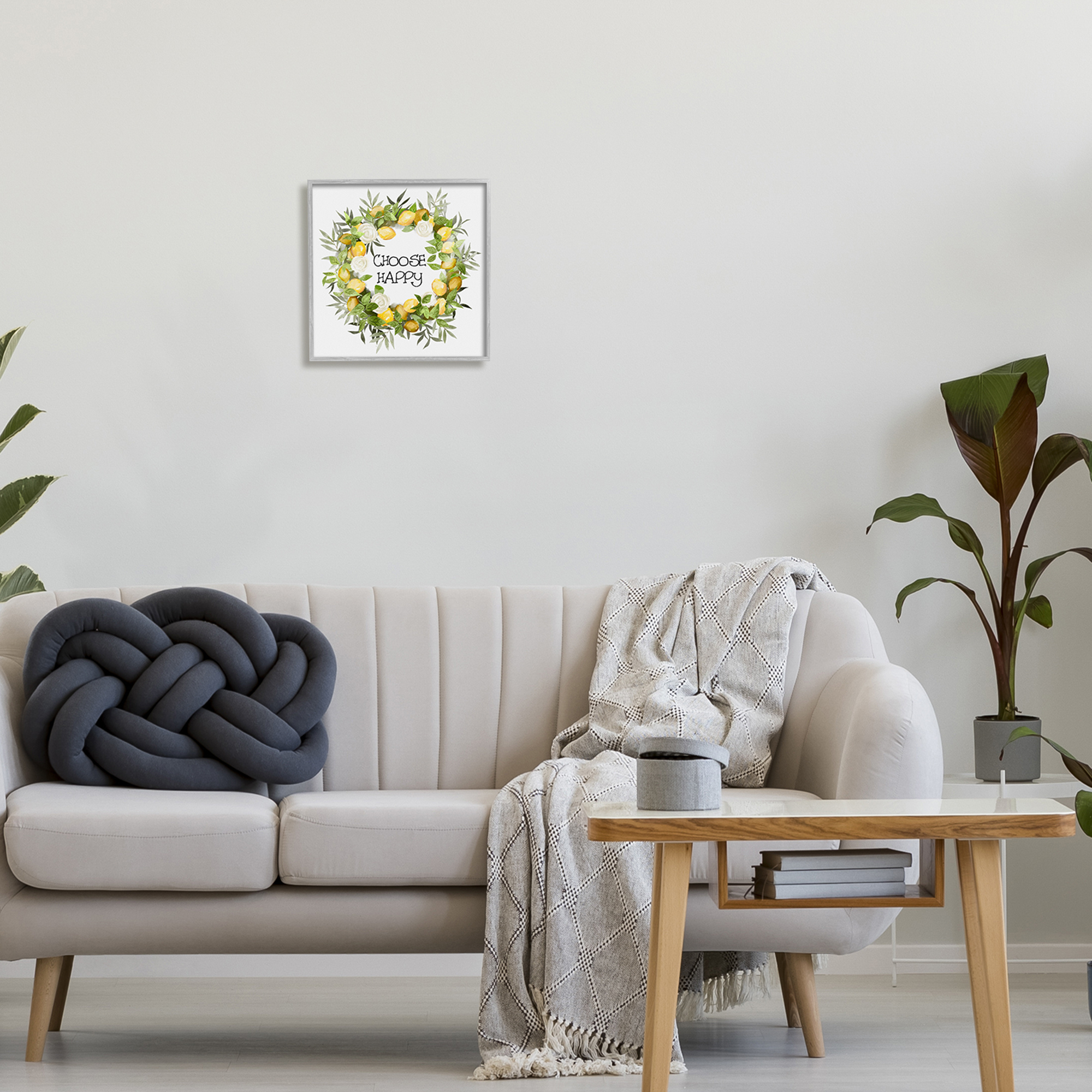 Stupell Choose Happy Lemon Roses Wreath Botanical & Floral Painting Gray Framed Art Print Wall Art