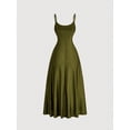thumbnail image 2 of Army Green Waist Ruched Swing Slip Dress For Women, Tea-Length A-Line Summer Dress, 2 of 4