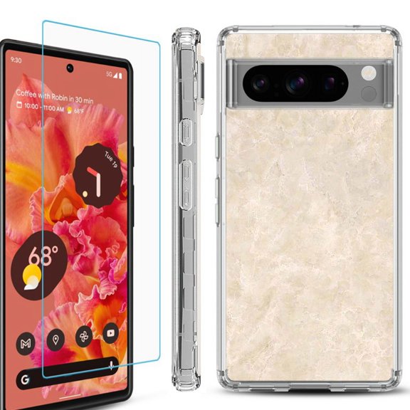 OneToughShield ® Compatible with Google Pixel 8 Pro, Shockproof Phone Case, with Tempered Glass Screen Protector - Marble / Latte