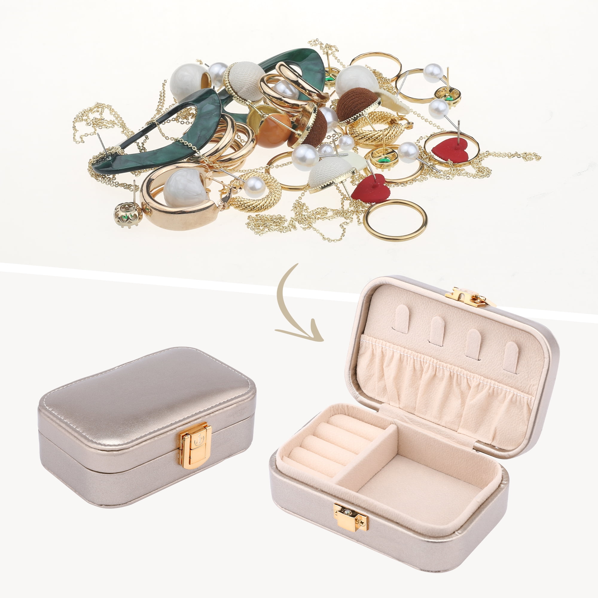 Unique Bargains Mini PU Leather Jewelry Box Jewelry Organizer Case Champagne Gold