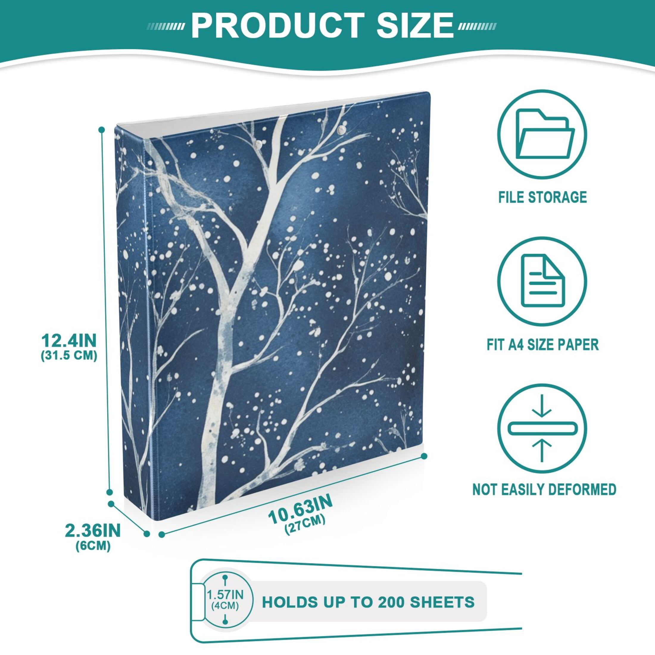 White Trees Winter 3 Ring Binders 1.5 inch Hardcover File Folders with Interior Pockets A4 Size Organizer for School Office Hospital