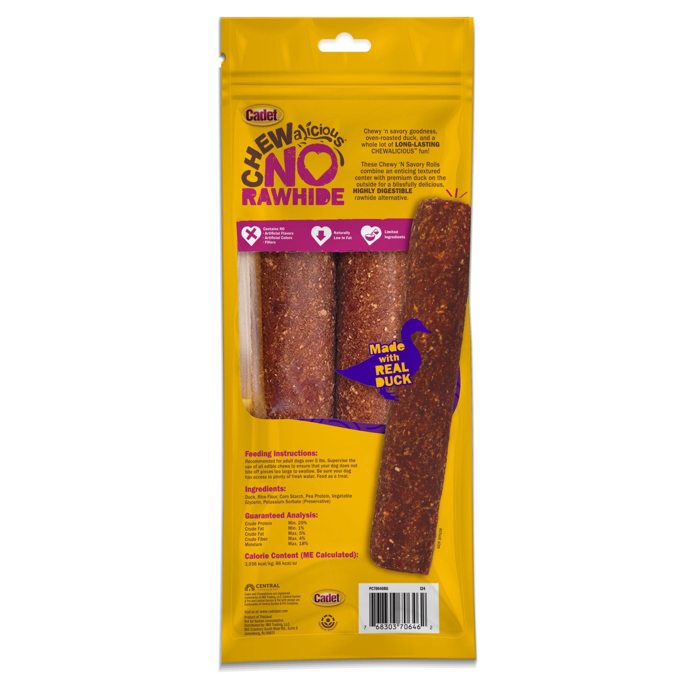 Cadet Chewalicious Dog Treats Chewy 'N Savory Rolls, Rawhide Free Chew Sticks for Dogs, Duck Flavor, 2 Count